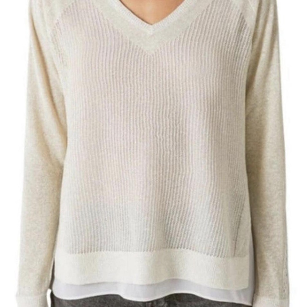 Lucky Brand Womens Cream Gold Metallic V-Neck Crochet Sleeve Sweater M